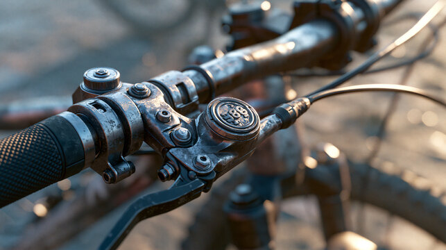 384. Photorealistic close-up of bicycle brake levers and handlebars during a student's morning ride to school, sharp mechanical details, realistic outdoor lighting. 