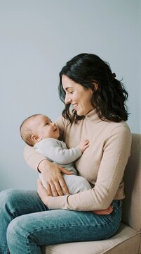 Close up of mother smiling while hugging baby on couch in cozy home