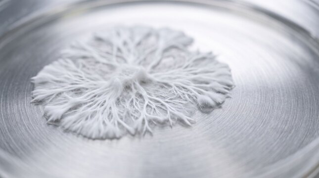 Macro photography of white fungal mycelium network cultivated on brushed stainless steel
