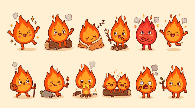 Kawaii fire flame character set, cute 12 flame emoji collection. Orange bonfire mascot stickers, cartoon fire icons for stickers and apps.