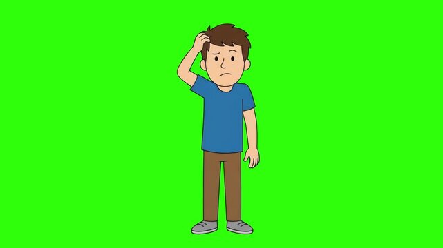 A 2D cartoon man in a blue t-shirt scratching his head with a confused facial expression, isolated against a bright chroma key green screen background. Ideal for problem-solving explainer videos, ques