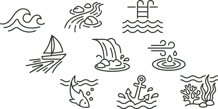 Water and ocean nature line icon set with sea wave waterfall river sailboat anchor fish and coral reef