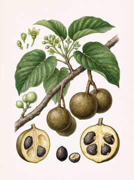 Detailed botanical illustration of jujube fruit growing on a leafy branch, showing green and mature fruits, delicate flowers, leaves, seeds, and sliced fruit. Suitable for botanical education, agricul
