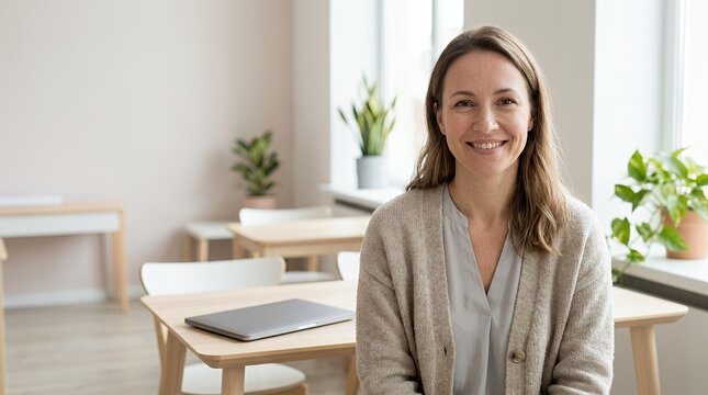 Friendly female teacher sitting in a bright modern classroom looking at the camera.