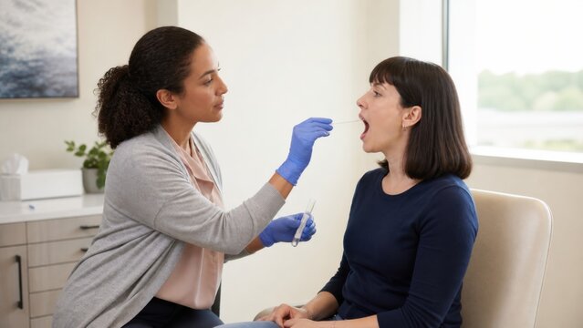 Genetic counselor gently collects a cheek swab from an adult patient