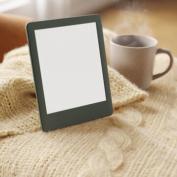 E-reader and steaming mug on cozy knit blanket