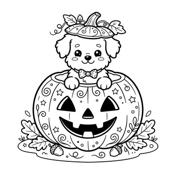 Cute halloween puppy inside pumpkin coloring page dog line art vector illustration