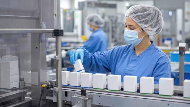 Packaging line worker removes one visibly missealed blank medicine