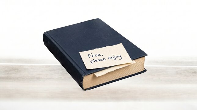 A dark blue hardcover book rests on a wooden surface with a handwritten note saying "Free, please enjoy" against a white background.