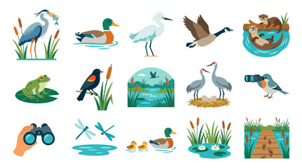 Fototapeta premium Flat Style Vector Illustration of Various Wetland Birds and Animals