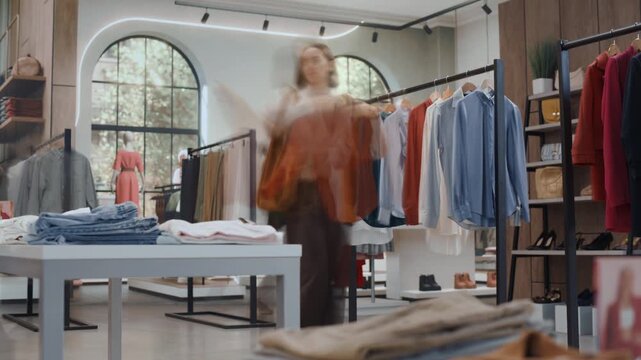 Clothing Store Timelapse: Multiethnic Buyers Rush Past Displays in a Stylish Fashion Boutique, Comparing Sizes, Consulting Sales Assistants and Making Purchase Decisions Fast