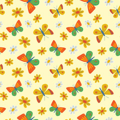 Fototapeta premium Butterfly and Flower Seamless Pattern Illustration on Yellow Background