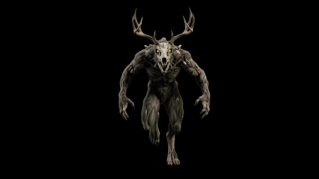 A terrifying 3D Wendigo creature featuring a skull face and towering antlers sprinting forward, isolated against a solid black background. Designed for cinematic horror trailers, dark folklore films, 