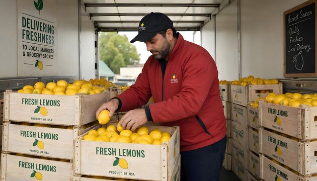 Delivery driver sorting fresh lemons in crates inside a cargo truck