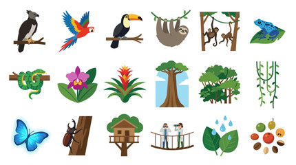 Fototapeta premium Flat Vector Icons of Rainforest Animals, Plants, and Nature in a Vibrant Style