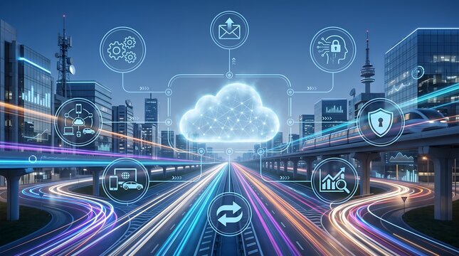 Smart City Cloud Infrastructure and IoT Technology Network Connecting Modern Urban Transportation and Data Systems