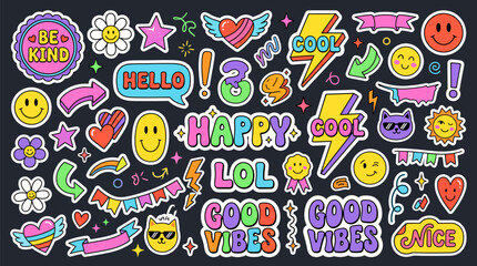 Retro y2k sticker set, colorful pop art patches with smiley faces and hearts, funky 90s aesthetic vector collection for social media © Mr icons