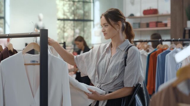Clothing Store People Shopping. Portrait of Woman Shopping at Contemporary Fashion Designer Brand Boutique, Picking Items, Feeling Material and Comparing Options Before Buying New Outfit