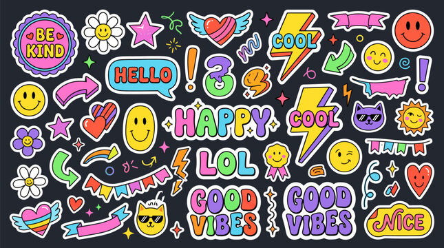 Retro y2k sticker set, colorful pop art patches with smiley faces and hearts, funky 90s aesthetic vector collection for social media
