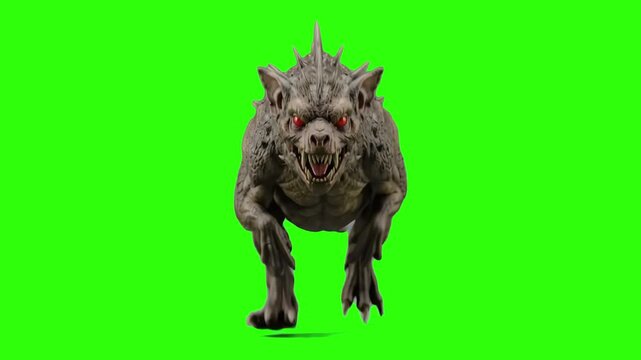 A terrifying 3D Chupacabra monster with back spikes and glowing red eyes running forward towards the camera, isolated against a bright chroma key green screen background. Ideal for cryptid documentari