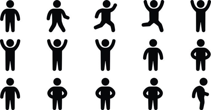 Set of black stick figure showing people in various poses, including standing, jumping, and arms raised, isolated on a white background, set