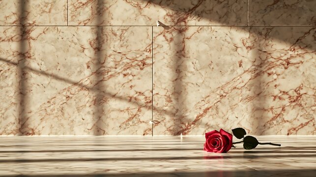 Wide shot of a minimalist marble war memorial wall glowing in soft morning sunlight, single red rose placed at the base, quiet atmosphere, honor and respect, copy space