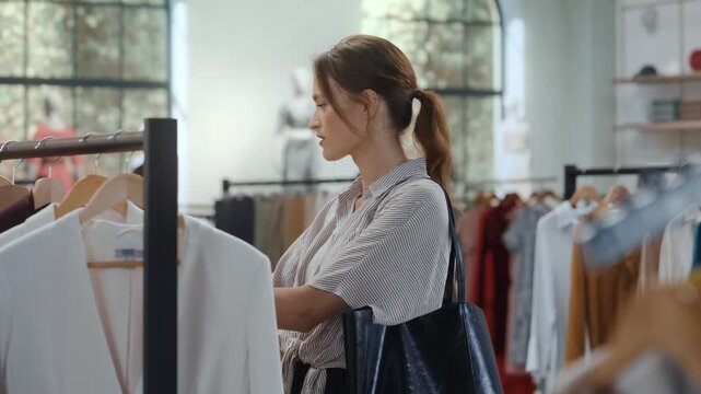 Clothing Store People Shopping. Potrait of Stylish Woman Choosing Clothes From Rack in Elegant Fashion Boutique, Choosing Garment, Looking at Style and Quality Before Making Her Purchase Decision
