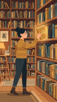 A woman in a cozy library reaches for a glowing book titled The Find on a tall wooden bookshelf.