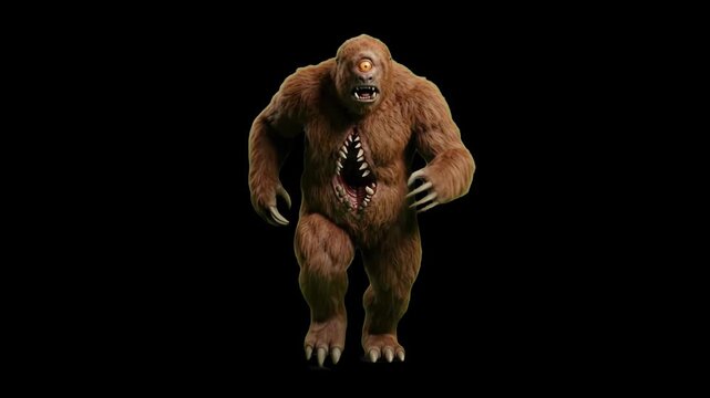 A terrifying 3D Mapinguari monster with a gaping mouth in its chest running directly forward, isolated on a solid dark black background. Suitable for cinematic game trailers, horror film visual effect