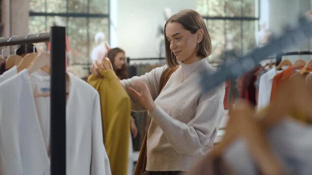 Clothing Store People Shopping. Fashionable Woman Browsing Stylish Brand Garments in Upscale Retail Boutique, Lifting a Piece From Display to Check Its Fabric and Fit While Weighing Her Buying Options