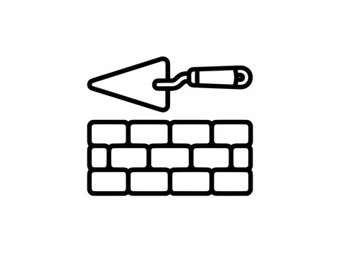 Minimalist brick wall and trowel icon vector. Masonry construction symbol. Building work and home renovation outline illustration.