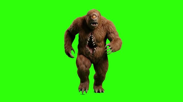 A terrifying 3D Mapinguari Amazonian mythical creature with a single eye, thick fur, and a gaping mouth on its abdomen walking forward, isolated against a bright chroma key green screen background. De