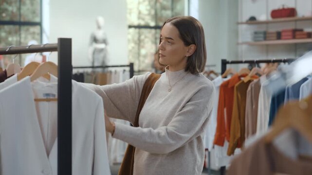 Clothing Store People Shopping. Elegant Caucasian Woman Shopper Searching Through Rails in Modern Fashion Boutique, Taking Item Off Display to Study Its Cut and Texture While Deciding What is Best