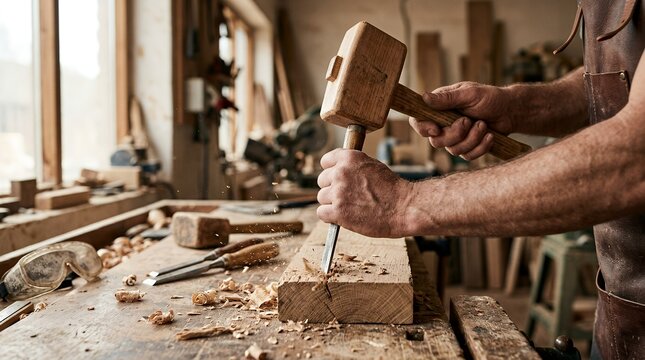 Professional carpenter working with a wooden chisel and mallet in a workshop.