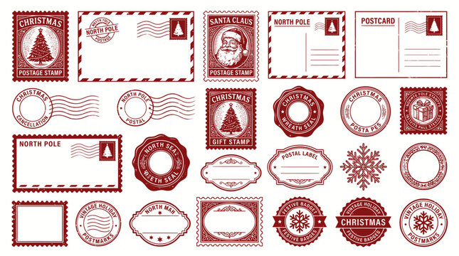 Vintage Christmas postage stamps and mail labels set, retro North Pole postal marks, red holiday envelope stickers and postcards