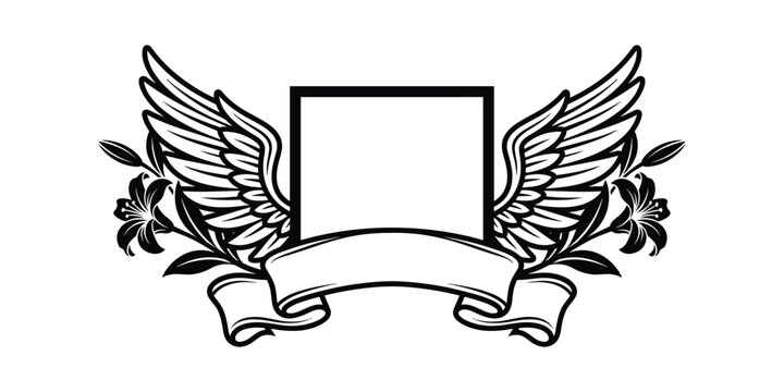Black and white heraldic emblem with wings lilies and a blank banner for text crest lily
