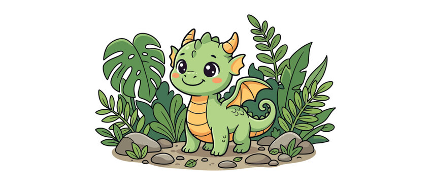Cute cartoon green dragon character in jungle foliage