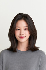 Fototapeta premium Studio Portrait Of Smiling Woman In Grey Knit Sweater With Dark Layered Hair
