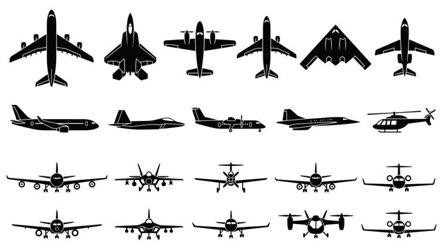 Airplane silhouette collection, 20 aircraft vector icons, military jet and commercial plane set, aviation transport symbols