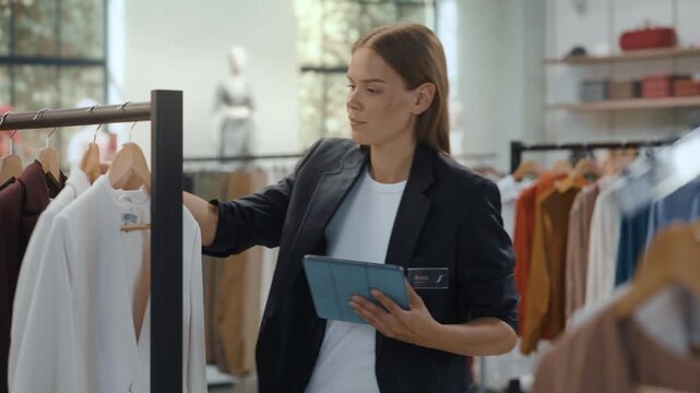 Shopping at Clothing Store Retail Assistant Checking Stock With a Digital Tablet, Woman With a Name Badge Inspecting Racks, Tapping the Screen and Tracking Inventory in a Modern Shop