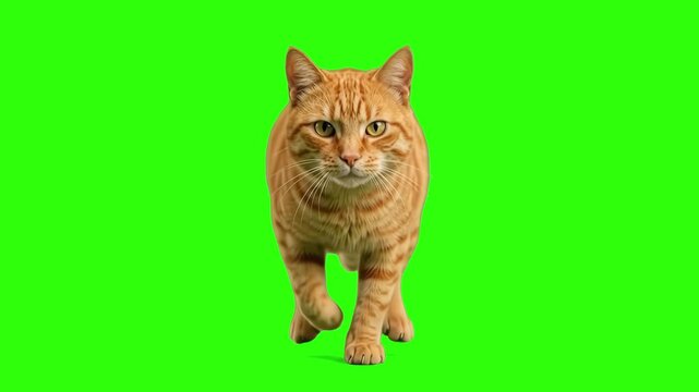 A realistic 3D animated ginger tabby cat walking forward towards the camera, isolated against a bright chroma key green screen background. Ideal for pet food commercials, animal care explainers, video