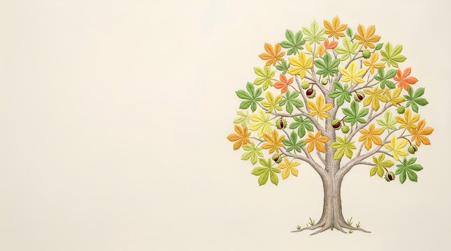 Embroidered Autumn Background &ndash; Horse Chestnut Tree. Hand-embroidered horse chestnut with green, golden and orange leaves and spiny fruits on natural linen, with generous copy space.