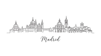 Fototapeta premium Minimalist Line Drawing of Madrid's Skyline Featuring Iconic Architectural Landmarks and Elegant Typography of the City's Name