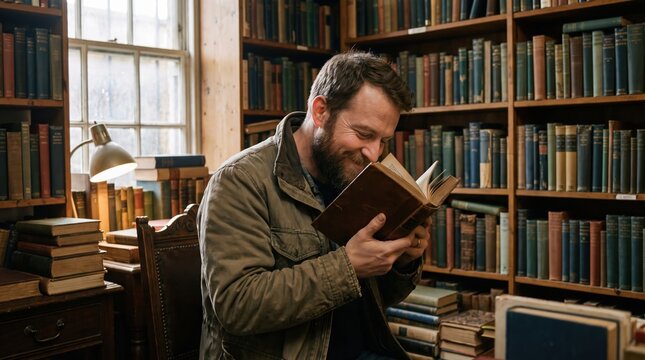 A bearded man smiles while smelling an old book in a cozy library. It captures the slow pleasure of tactile reading and nostalgia for vintage paper. Perfect for lifestyle and education content.