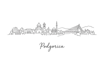 Fototapeta premium Minimalist line art depiction of Podgorica skyline featuring historic structures and modern bridge in a sleek continuous line