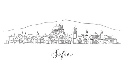 Fototapeta premium Minimalist Line Drawing of Sofia's Historic Skyline with Iconic Churches and Mountain Backdrop