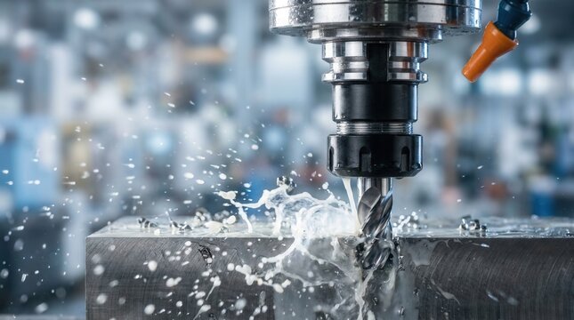 Industry machine iron tools performing CNC turning metal cutting with a splash of water cutting fluid