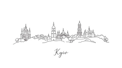 Fototapeta premium Minimalist Line Art Illustration of Kyiv's Iconic Skyline Featuring Historic Landmarks Silhouetted Against the Sky