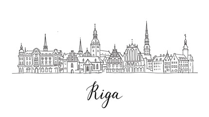 Fototapeta premium Sketched panoramic illustration of Riga?s historic skyline featuring iconic spires and detailed architecture showcasing Latvia's