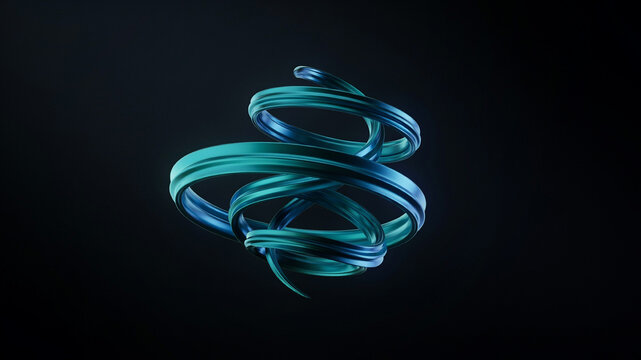 A swirling, abstract, three-dimensional ribbon of metallic teal and deep blue hues, elegantly twisting and looping in a dark, moody studio environment with subtle lighting and soft shadows